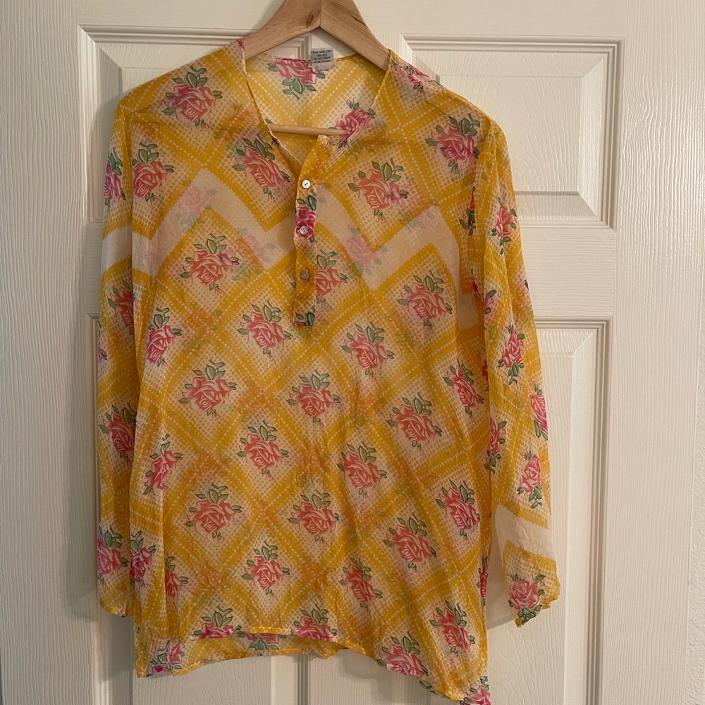 Dosa Yellow Floral Plaid Silk Top